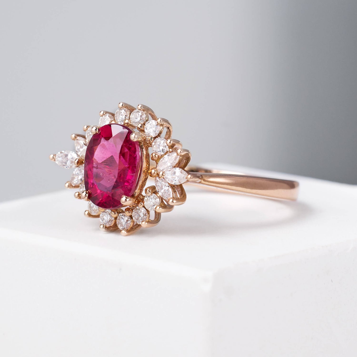 1.23ct.t.w. Vintage - styled Nature Rubellite Halo Diamond Ring - Jewelry And Store
