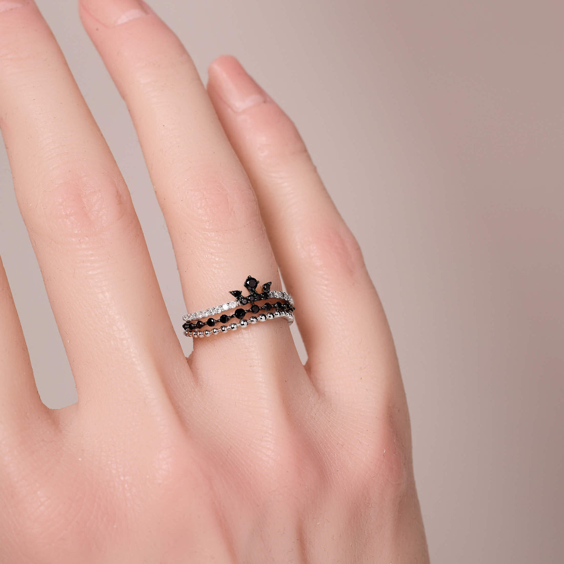 14K Gold Triple Row Tiara Ring with Black Diamonds