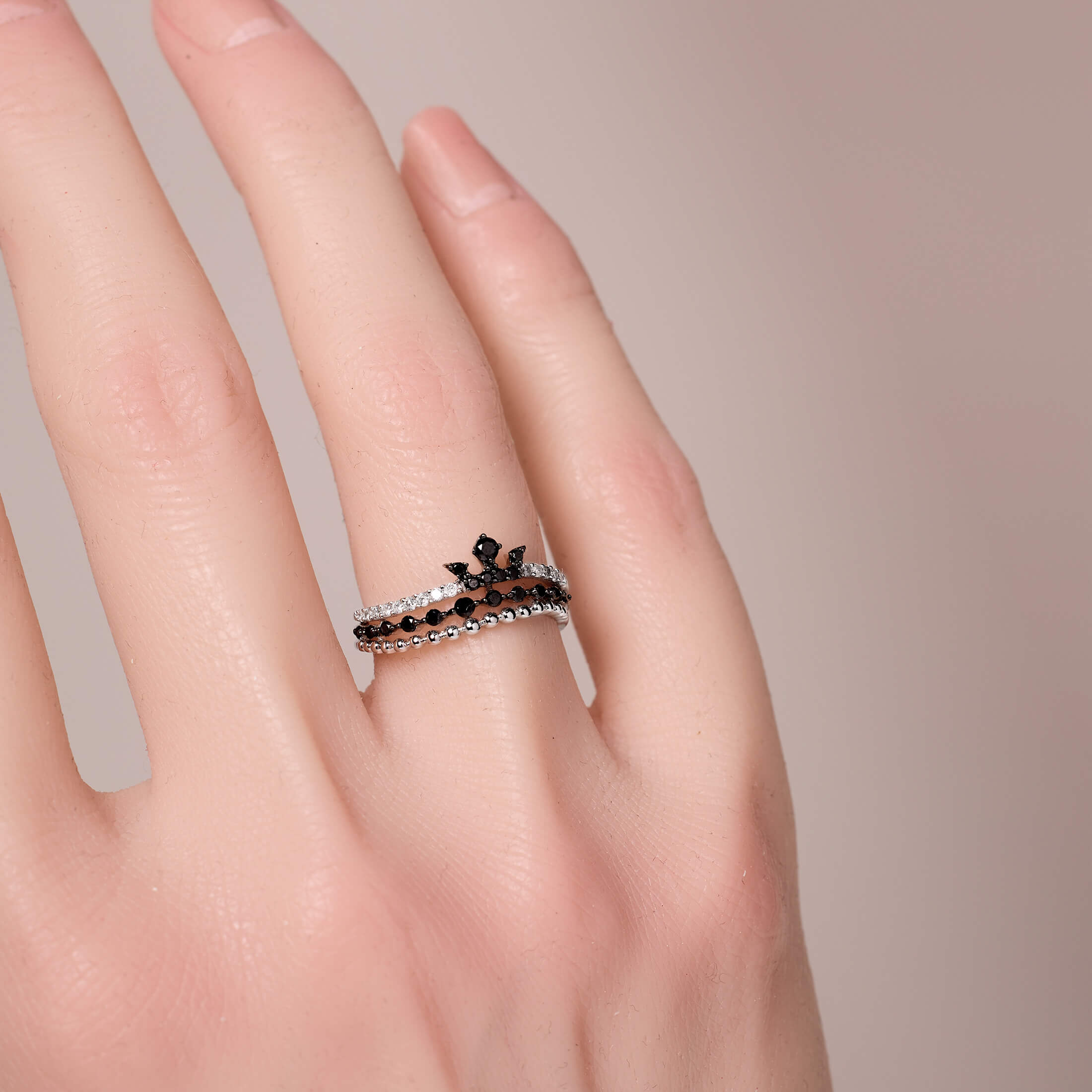14K Gold Triple Row Tiara Ring with Black Diamonds - Jewelry And Store