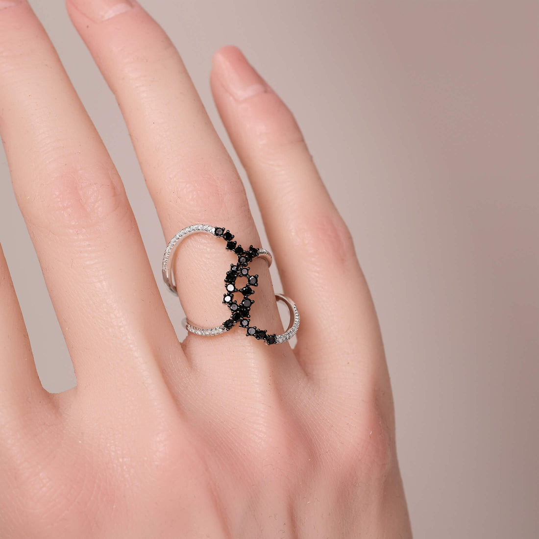 X-Curved Statement Ring with White and Black Diamonds
