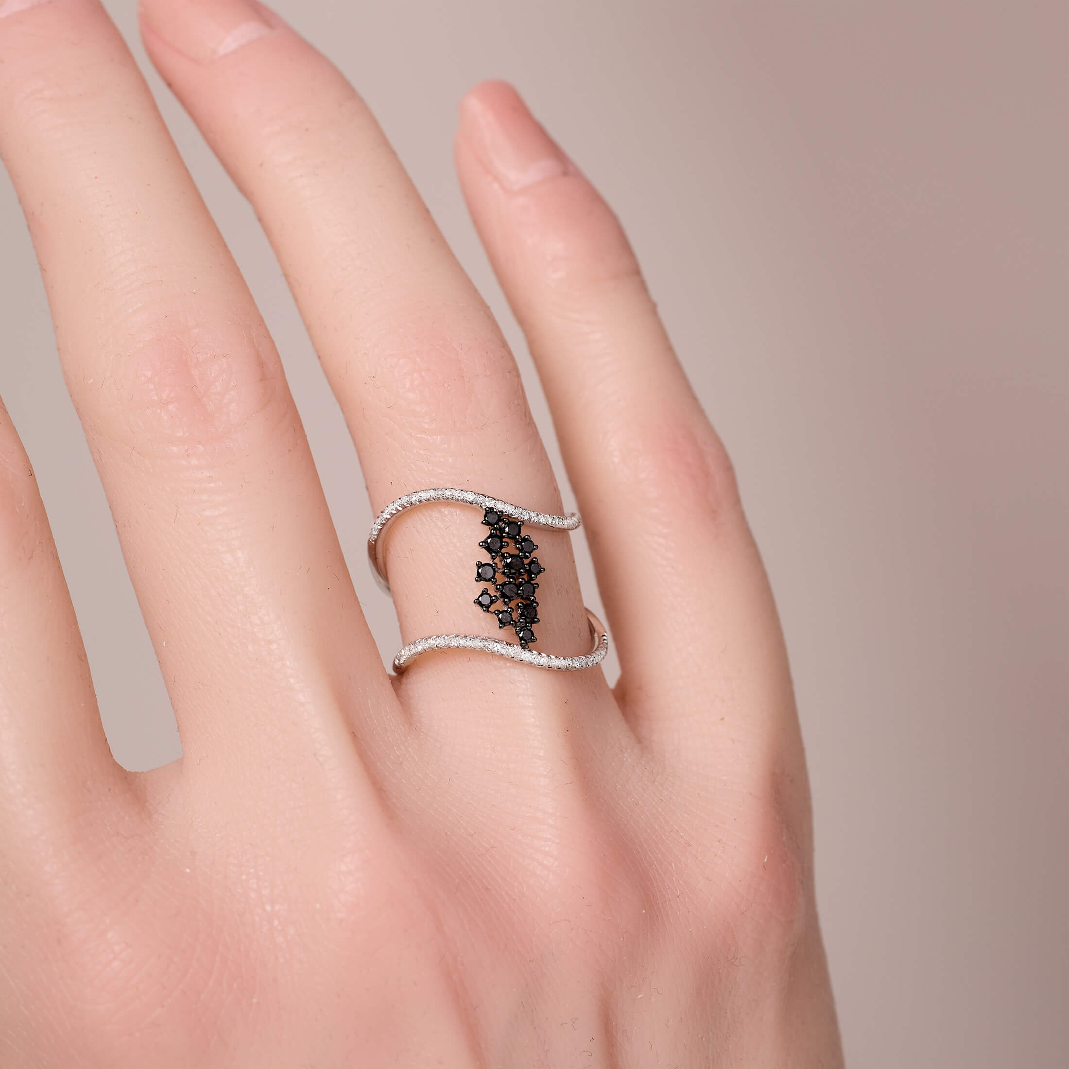 14K Gold Two-Row Curved Statement Ring with White and Black Diamond