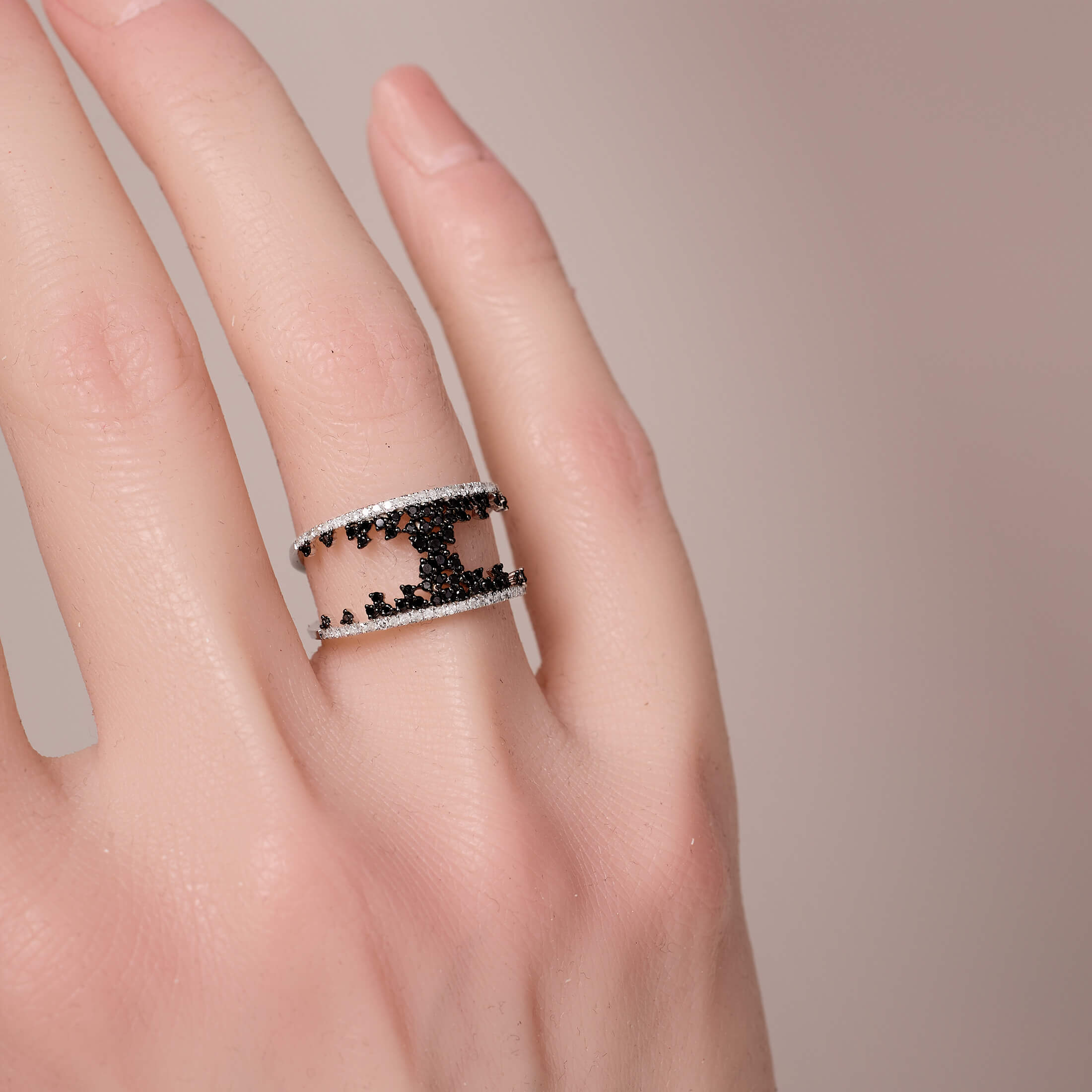 14K Gold Double - Rows Black Diamond Statement Ring - Jewelry And Store