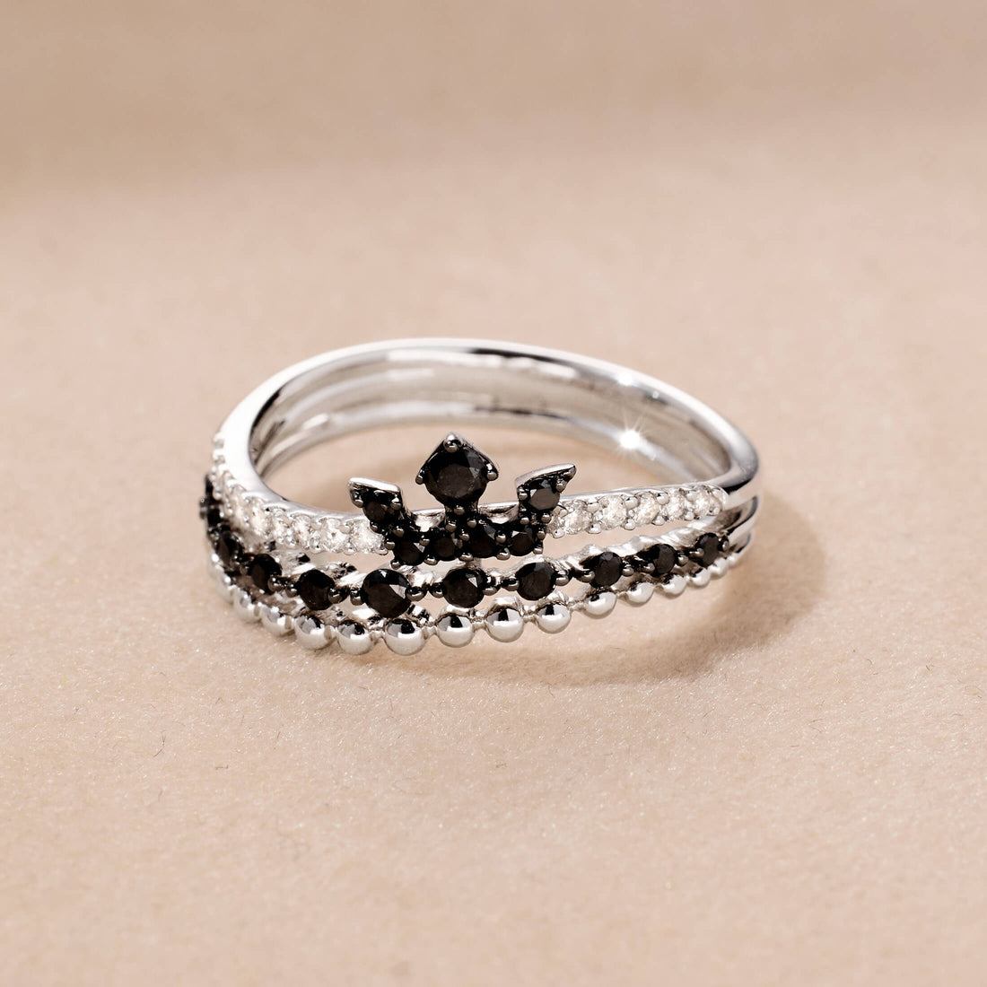 14K Gold Triple Row Tiara Ring with Black Diamonds