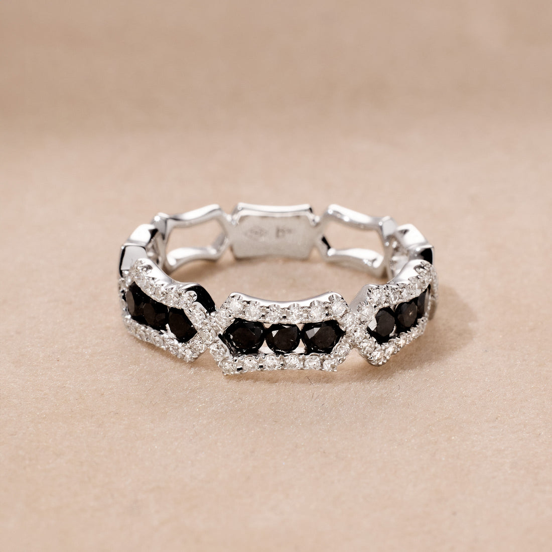 Black and White Diamond Hexagonal Frame Ring