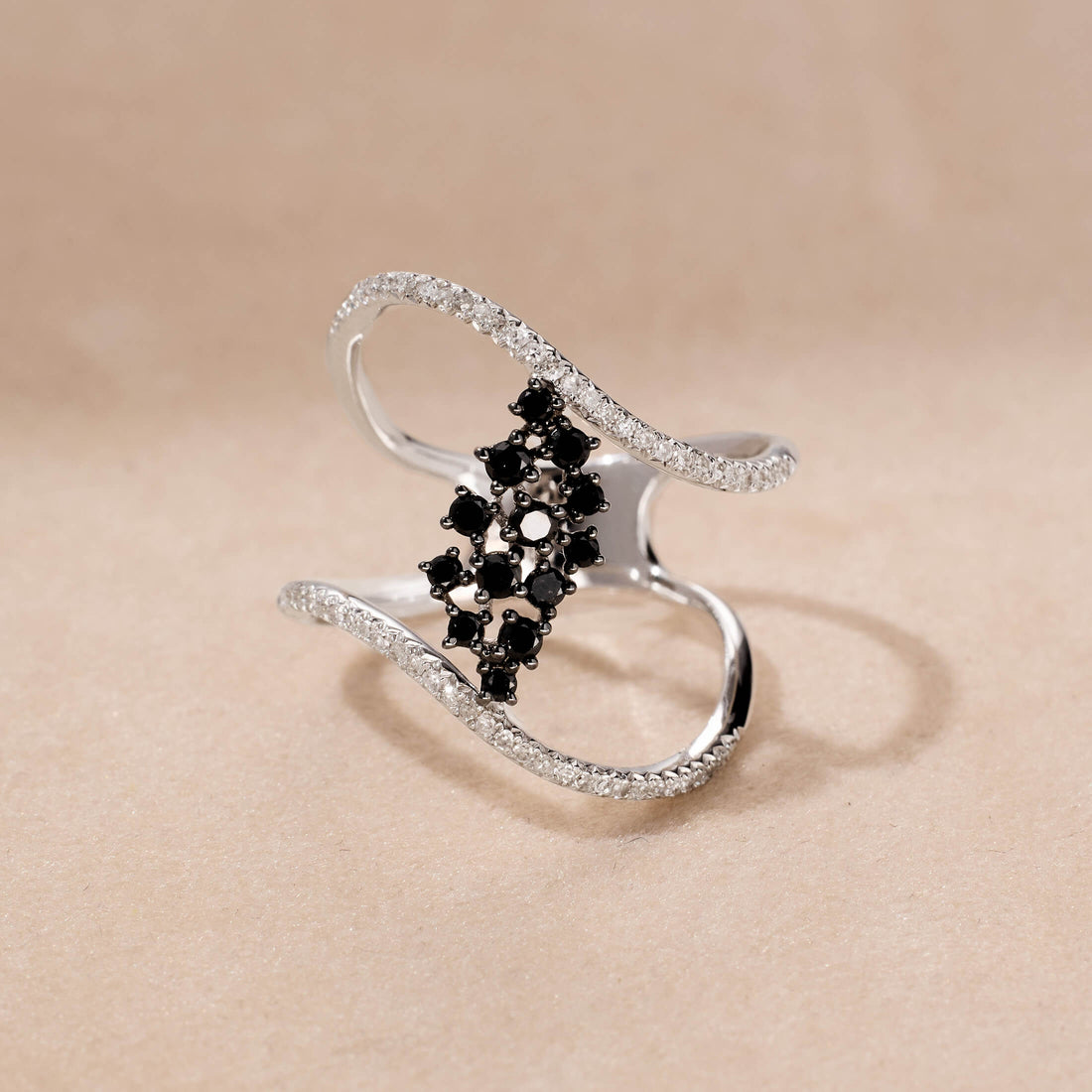Two-Row Curved Statement Ring with White and Black Diamond