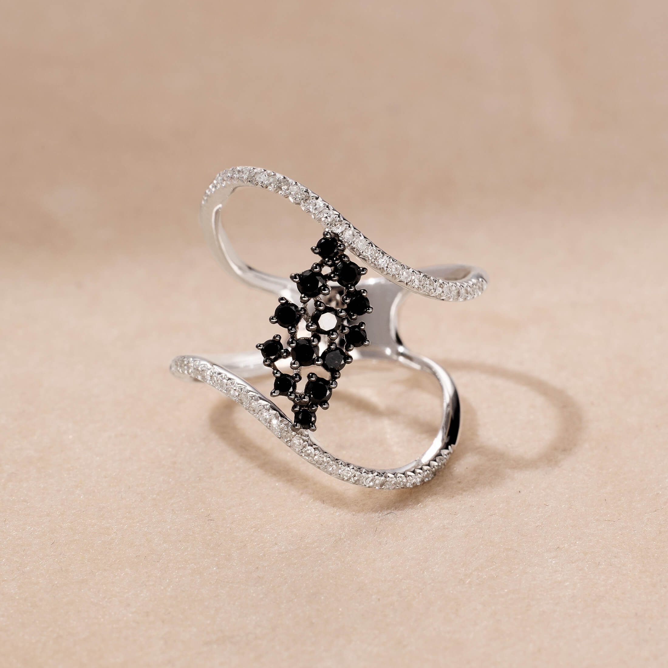 14K Gold Two-Row Curved Statement Ring with White and Black Diamond
