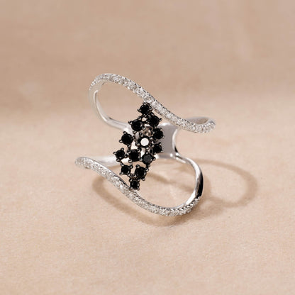 14K Gold Two-Row Curved Statement Ring with White and Black Diamond