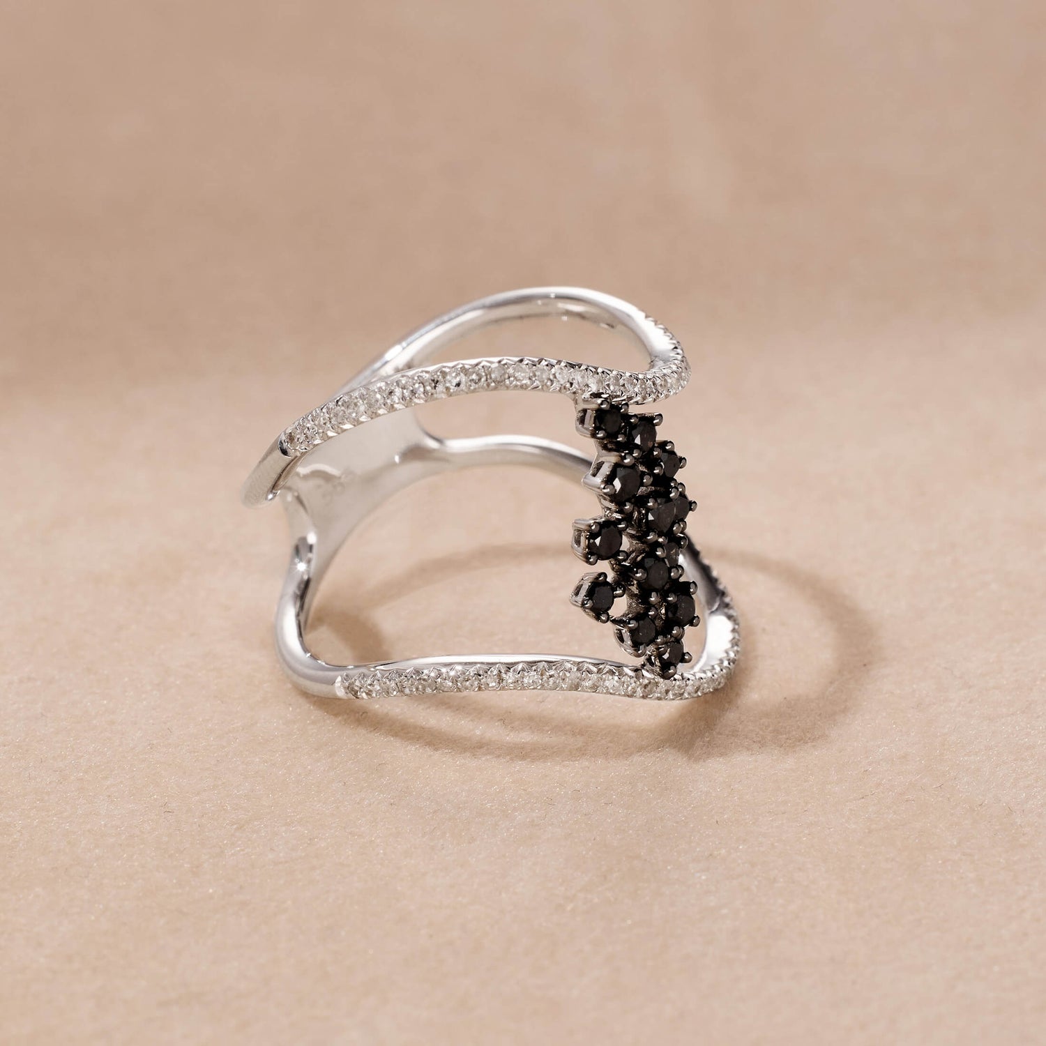 14K Gold Two-Row Curved Statement Ring with White and Black Diamond