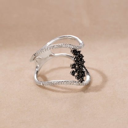 14K Gold Two-Row Curved Statement Ring with White and Black Diamond