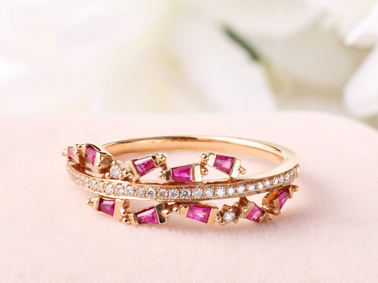 18K Rose Gold Natural Ruby &amp; Diamond Slim Band Ring