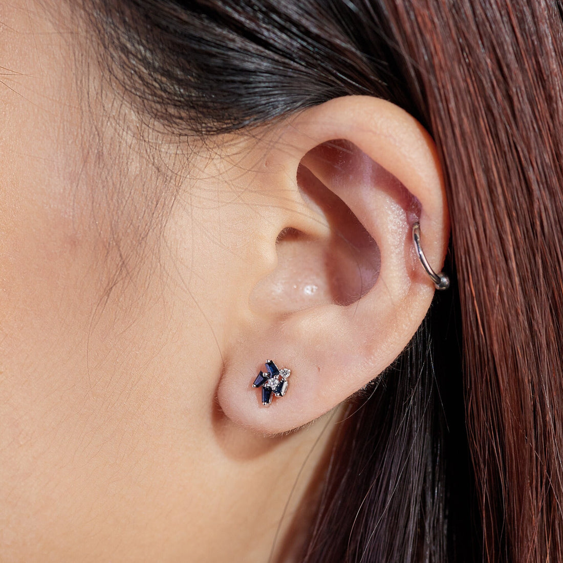 Cluster Earring Studs with Natural Diamonds &amp; Sapphires - Jewelry And Store