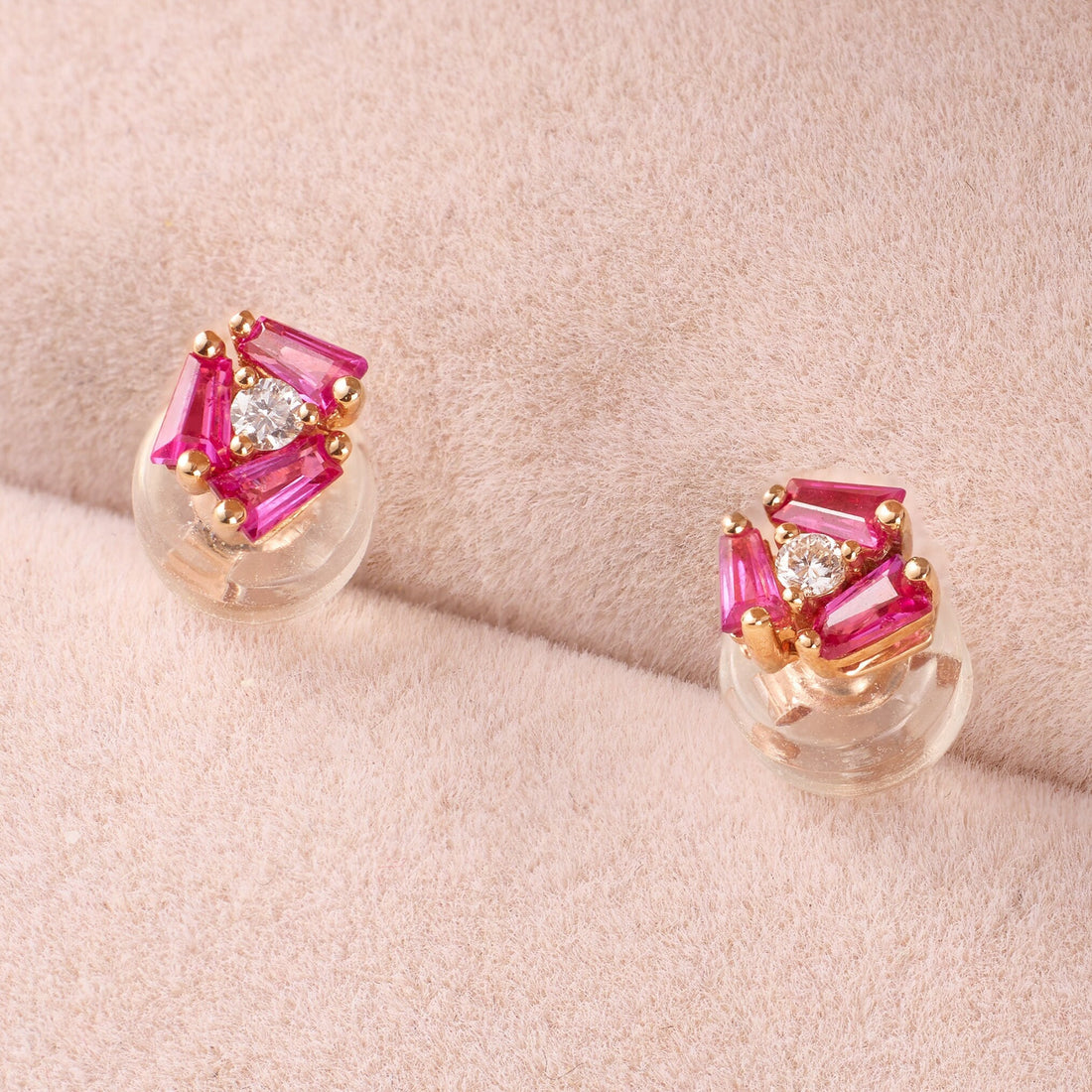 Cluster Earring Studs with Natural Diamonds &amp; Ruby
